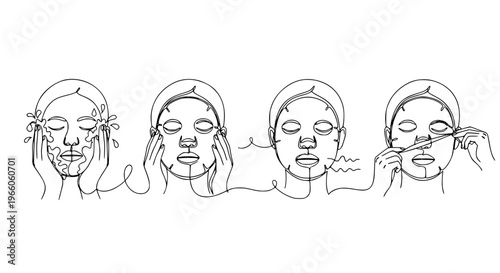 One line drawing face mask skincare instruction icons beauty routine outline vector illustration