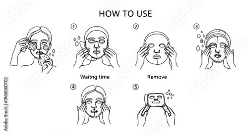 Continuous line drawing tissue face mask instruction steps skincare routine vector illustration