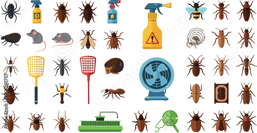 Pest Control Icon Set Featuring Bugs, Sprays, Traps, Mice, and Protection Tools for Household, Gardening, and Safety Themes