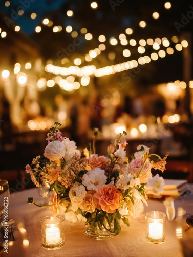 Flowers and Candles Arrange at a Gathering Outside During Evening With String...