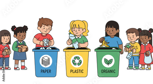 Children learning to recycle paper plastic and organic waste into separate bins for a sustainable future
