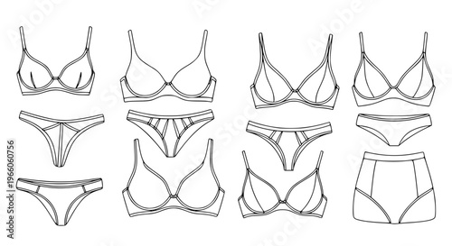 Minimalist continuous line lingerie vector set women underwear fashion design illustration