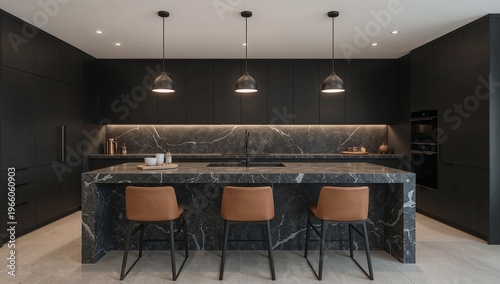 Modern Kitchen with Graphite Stone Waterfall Island and Black Cabinets AI Generative
