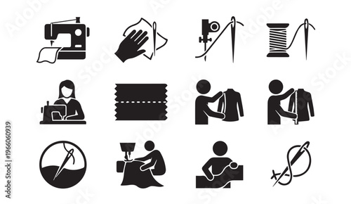 Sewing and tailoring icons set for clothing construction and repair services