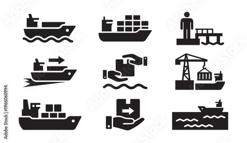Logistics and maritime shipping icon set for freight and cargo transport