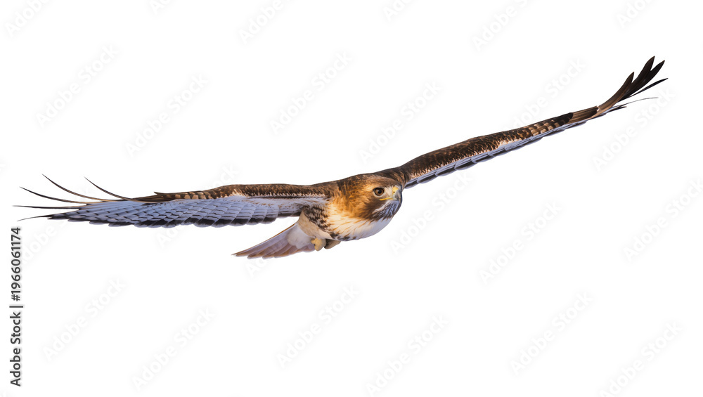Fototapeta premium Brown and white hawk with outstretched wings in flight, isolated on transparent background for nature