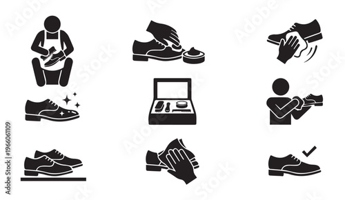 Shoe cleaning and leather care icon set for maintenance and polishing