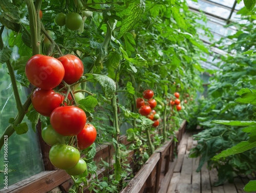 Growing Tomatoes in a Greenhouse With Sunlight Through Glass Panels During th...