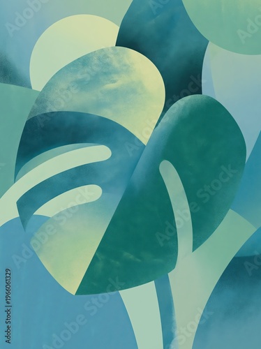 Abstract geometric botanical illustration of tropical leaves in shades of green and blue, featuring smooth curves and layered shapes on a textured background
