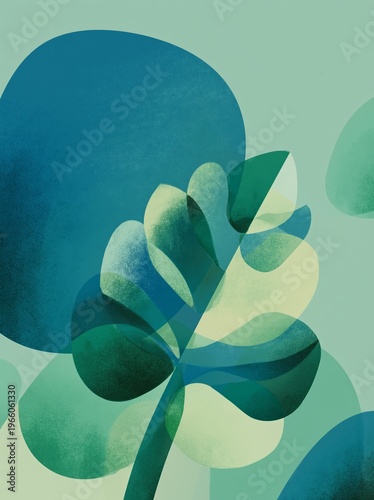 Abstract geometric botanical illustration of tropical foliage featuring layered shapes in various shades of green and blue against a soft green background