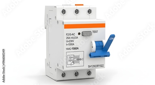 Modern electrical circuit breaker with blue test button on white background for safety and power management