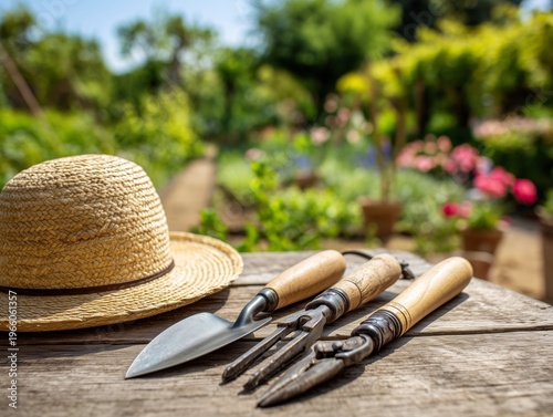 Gardening Tools and Straw Hat on Wooden Table in Sunny Garden With Flowers