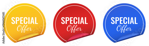 Collection of colorful circular special offer stickers with curled corners for marketing promotions