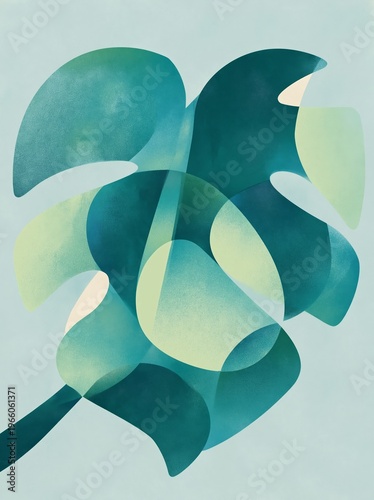 Abstract geometric botanical illustration of tropical leaves in shades of green and blue, featuring smooth curves and layered shapes on a light background