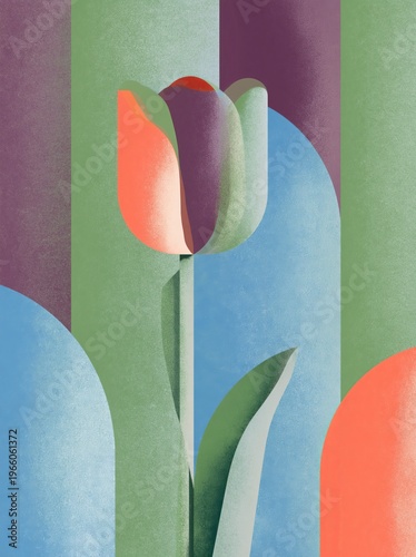 Abstract geometric botanical illustration of a spring tulip flower with colorful background shapes in green, purple, and blue tones for decorative use