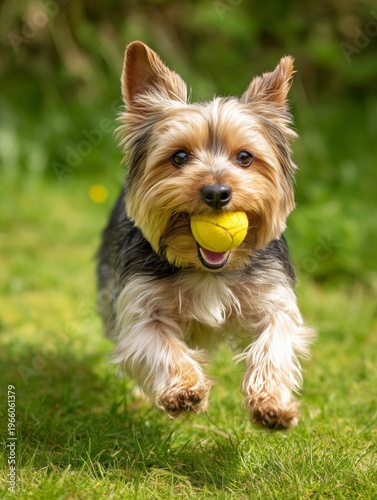 Dog Runs on Grass With Yellow Ball in Mouth During Sunny Day at Park