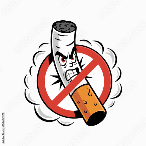 Angry Cigarette Inside Red Prohibition Sign With Smoke Cloud, Delivering A Bold, Expressive No Smoking And Cessation Message Vector