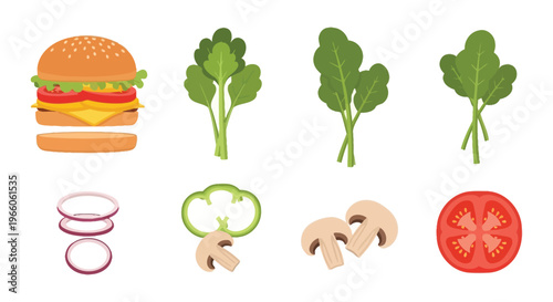 A colorful arrangement of burger ingredients including a patty lettuce tomato and onion silhouette high quality professional detailed modern elegant