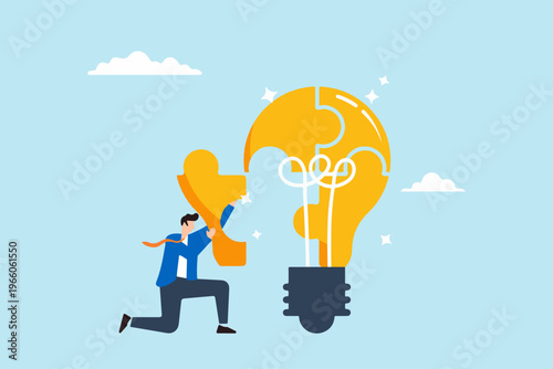 Smart Businessman Solving Lightbulb Idea Puzzle By Connecting Last Jigsaw Piece, Illustrating Problem Solver. Concept Of Find Solutions, Overcome Difficulties Through Ideas, Creativity, And Innovation