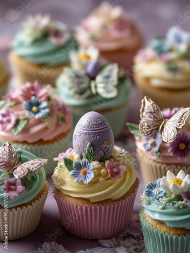 Cute Cupcakes With Colorful Frosting and Decorations for Spring Celebration
