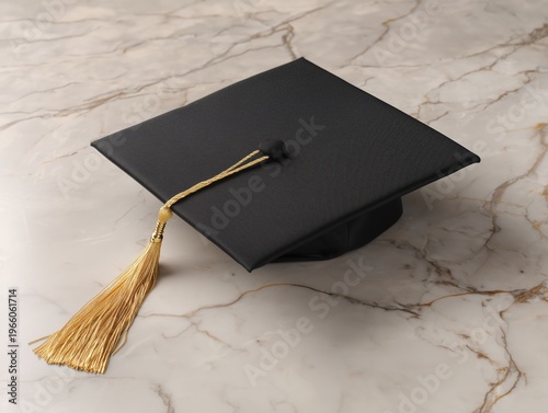 Graduation Cap Placed on a Marble Table in a Bright Indoor Setting