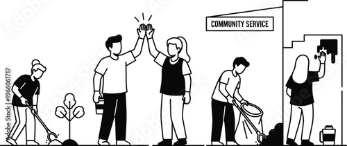 Volunteers giving high five in community service illustration