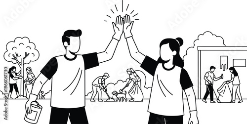 Volunteers giving high five in community service illustration