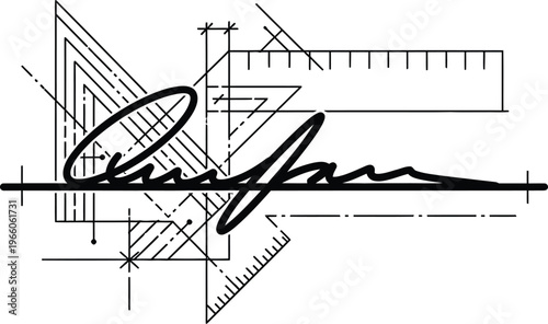Architect signature on technical drawing with blueprint background lines