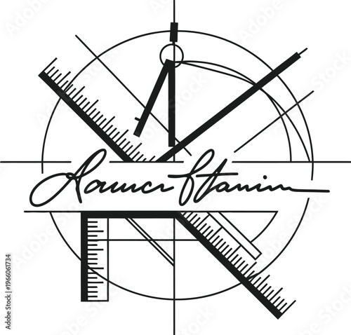 Architect signature on technical drawing with blueprint background lines