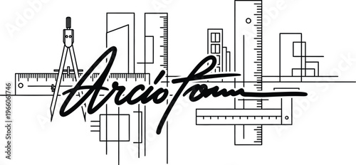 Architect signature on technical drawing with blueprint background lines