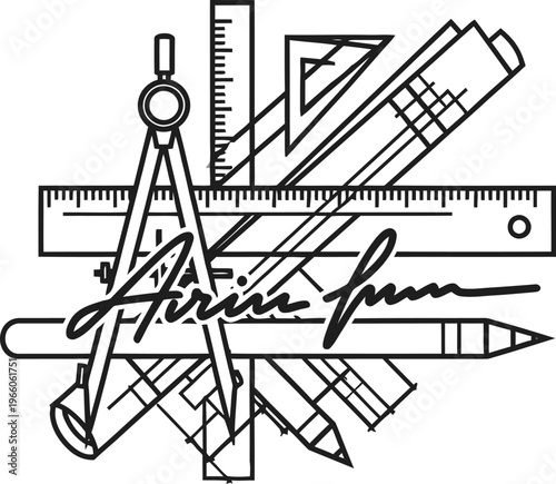 Architect signature on technical drawing with blueprint background lines