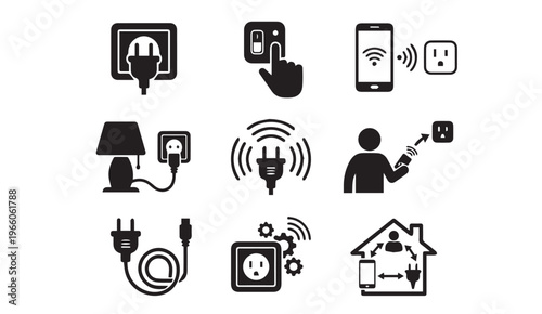 Smart electric plug and power control icon set for home automation