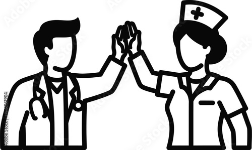 Doctor and nurse performing high five in medical setting