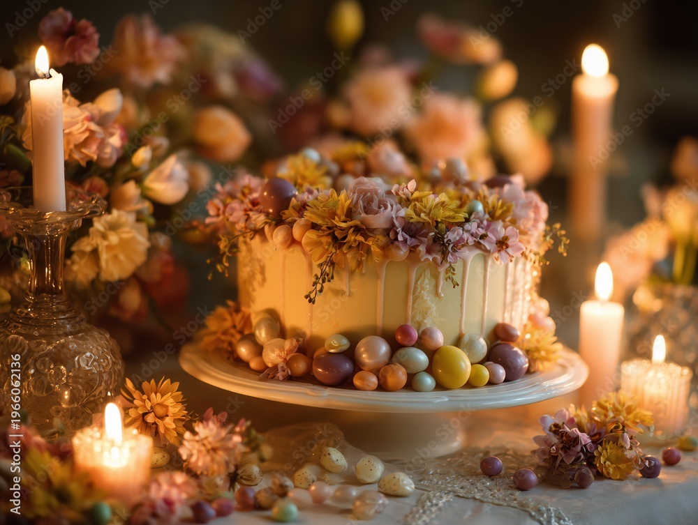 Naklejka premium Spring Celebration With a Decorated Cake and Floral Arrangements at a Cozy Gathering