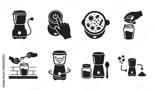Kitchen electric spice grinder and food processor instruction icons
