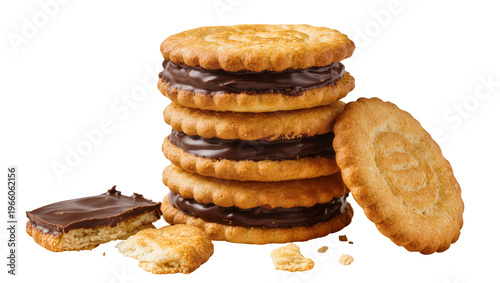 Foto Stacked golden-brown chocolate sandwich cookies with a leaning cookie and scatte