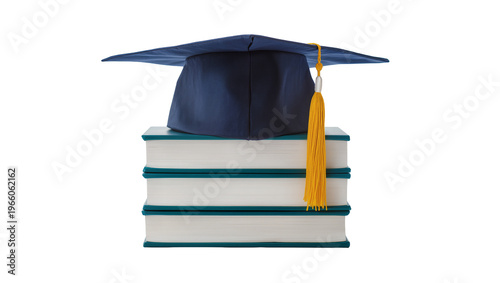 Foto Navy blue graduation cap with a bright yellow tassel resting atop a stack of thr