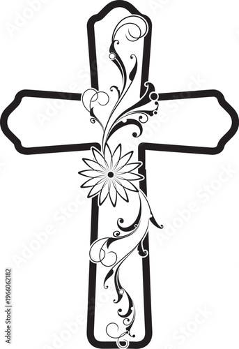 Elegant floral ornamental cross with swirling vine and flower elements in clean black line art, perfect for religious, tattoo, and decorative vector designs.