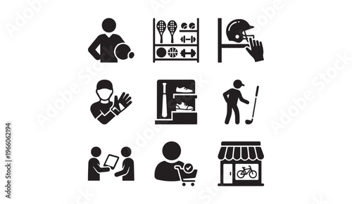 Sporting goods shop icons with sports gear and customer service