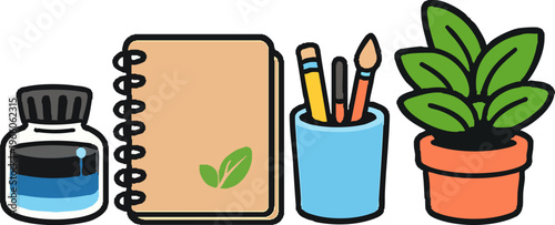 Colorful cartoon illustration of office desk supplies and plant