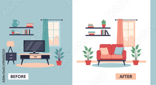A colorful illustration depicting a room transformation from cluttered to cozy showcasing interior design changes as a silhouette high quality professional