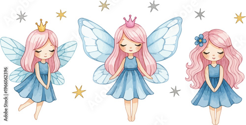 Three pink haired fairy girls with blue wings and dresses standing in a magical sparkling atmosphere