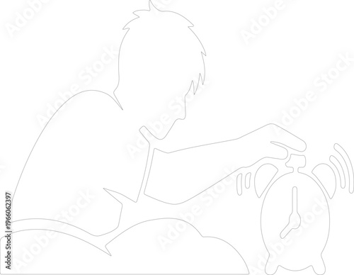A simple white line illustration depicts a person reaching for a classic alarm clock suggesting waking up or time management high quality