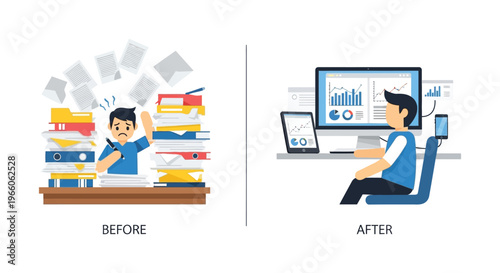 A visual comparison of chaotic paperwork versus streamlined digital work highlighting productivity changes a striking silhouette high quality professional detailed