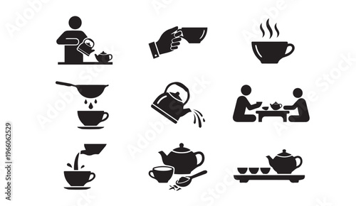 Tea preparation and drinking icon set with teapots cups and tea ceremony