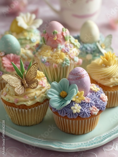 Cupcakes With Decorative Toppings on a Light Blue Plate During a Spring Celeb...