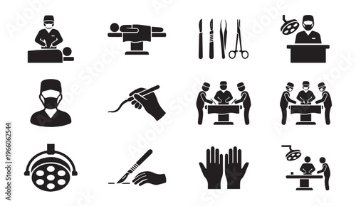 Surgical medical icon set with surgeons operating and hospital equipment