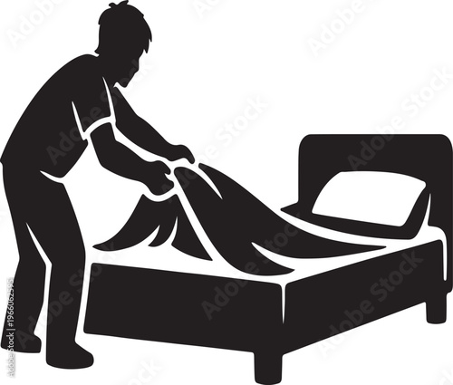 A simple black silhouette depicts a person making a bed carefully smoothing and arranging the sheets over the mattress high quality professional