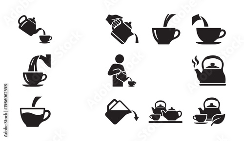 Tea pouring icon set with various kettles pots and cups for brewing drinks