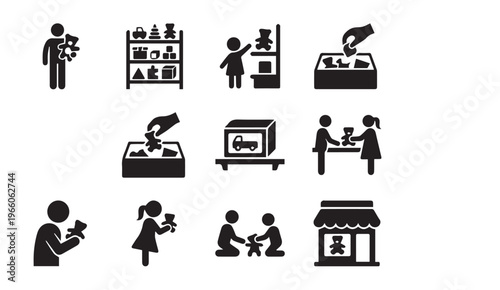 Children playing with teddy bear and toy donation charity silhouette icon set